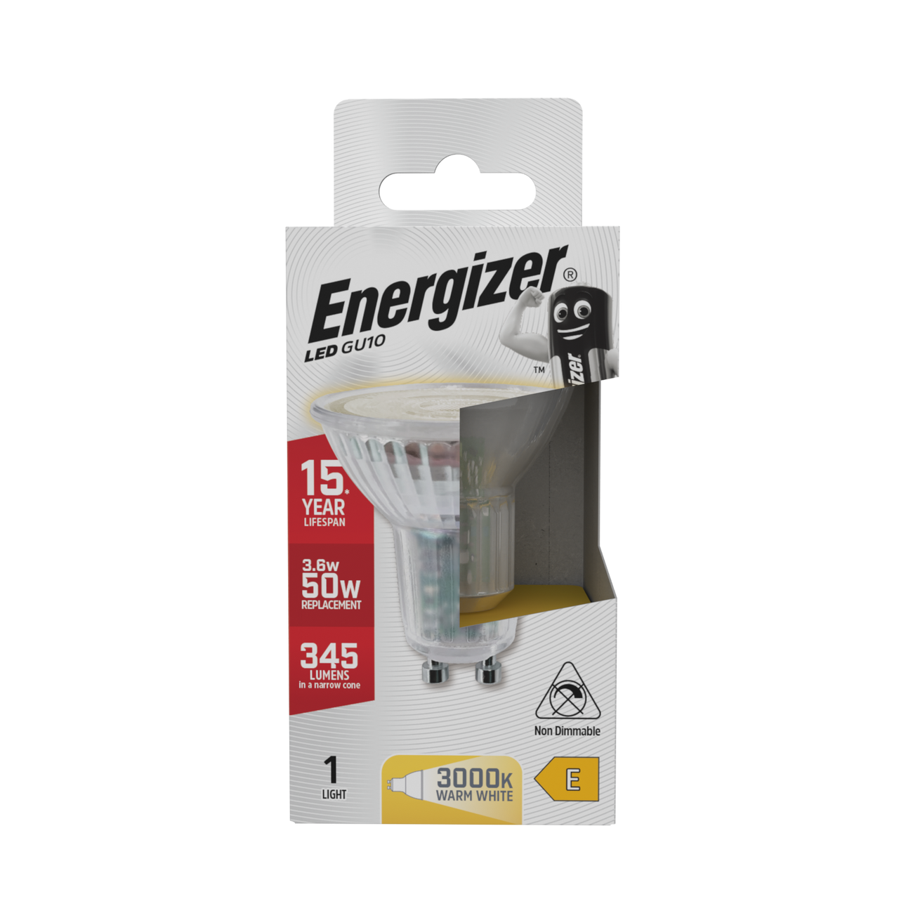 Energizer LED GU10 345lm 3.6W (Replaces 50W) 3000K (Warm White) Light Bulb - Box of 1