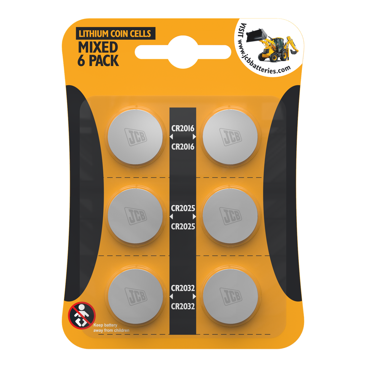 JCB CR2016 CR2025 CR2032 Lithium Coin Cell Batteries - Pack of 6