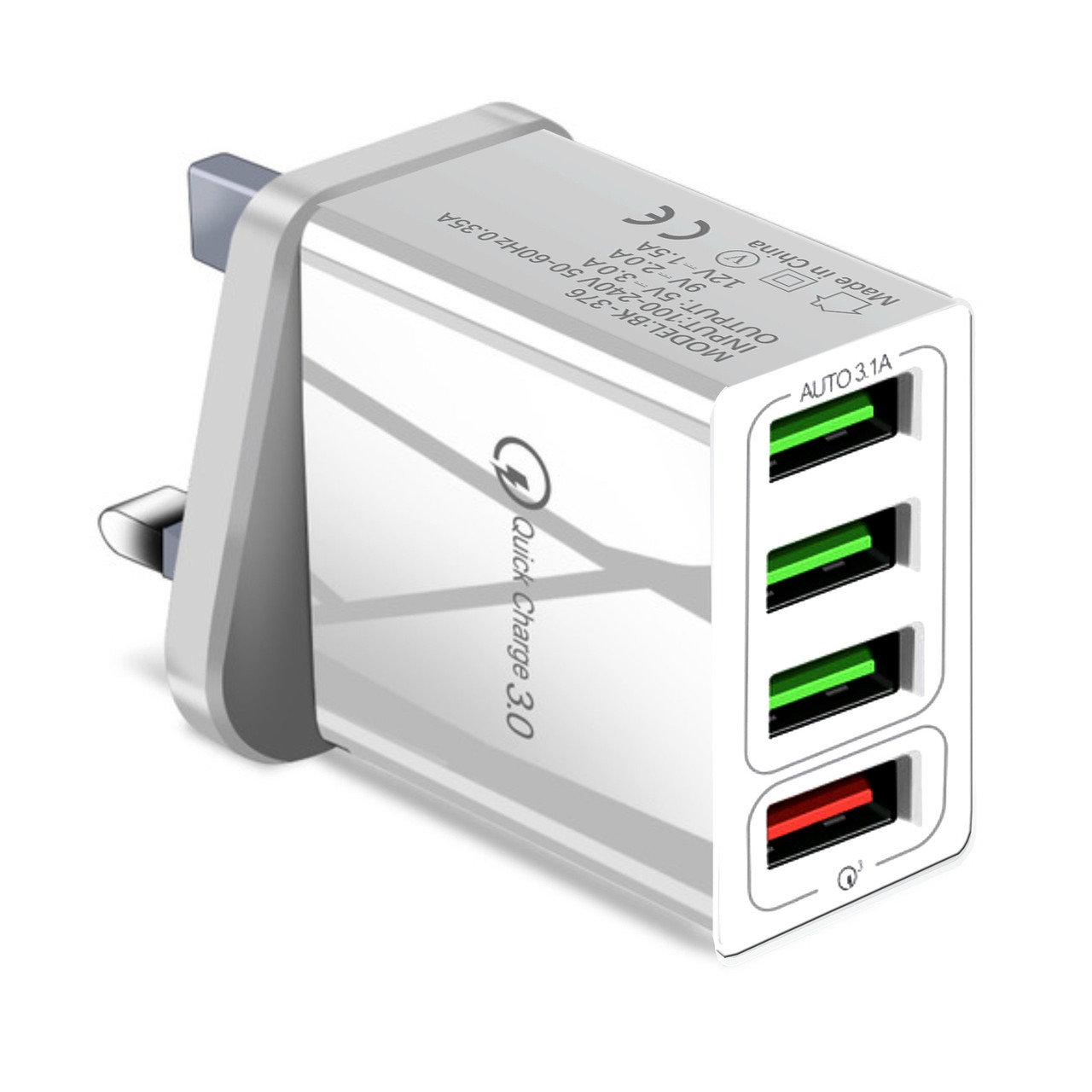 White 4x USB Port Wall Charger with Fast Charge QC 3.0 Port