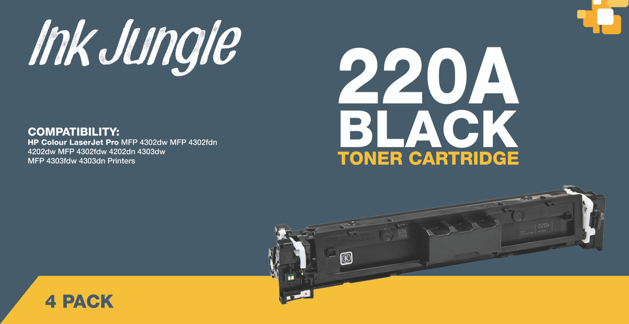 4x Ink Jungle HP 220A W2200A Black compatible laser toner cartridges with chip. HP 220X toner HP LaserJet Pro MFP 4302dw 4302fdn 4202dw 4302fdw 4202dn printers front