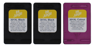 2x HP 301XL Black and 1x 301XL colour refilled ink cartridge