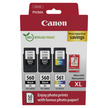 2x Canon Original PG560XL Black and 1x CL561XL Colour Ink Cartridge Combo Pack 3712C012