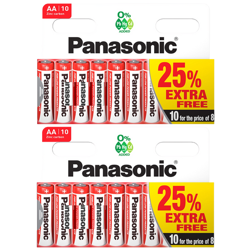 2x Panasonic Zinc Carbon AA Batteries - Pack of 10 R6PANZINC10PK25 Pack of 20
