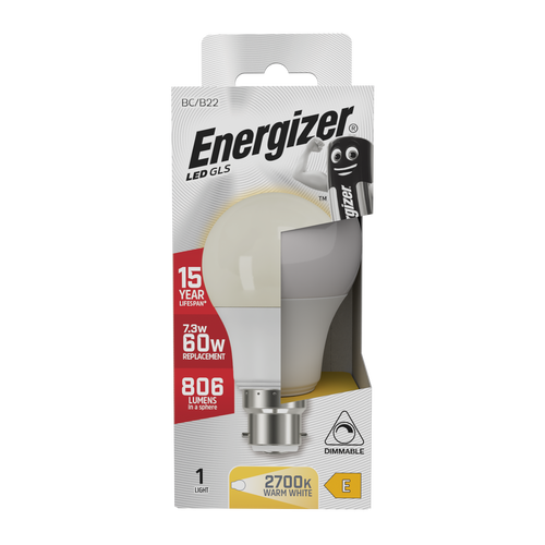 Energizer LED GLS B22 806lm 7.3W 2700K (Warm White) Dimmable Light Bulb - Pack of 1