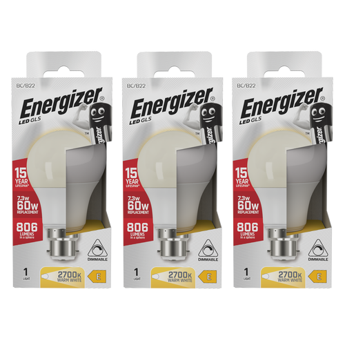 Energizer LED GLS B22 806lm 7.3W 2700K (Warm White) Dimmable Light Bulb - Pack of 3