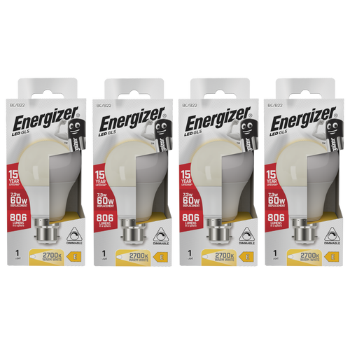 Energizer LED GLS B22 806lm 7.3W 2700K (Warm White) Dimmable Light Bulb - Pack of 4
