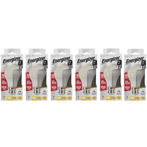 Energizer LED GLS B22 806lm 7.3W 2700K (Warm White) Dimmable Light Bulb - Pack of 6