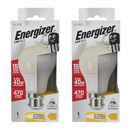 Energizer LED GLS B22 470lm 4.2W 2700K (Warm White) Light Bulb - Pack of 2