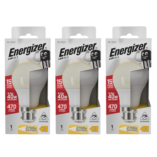 Energizer LED GLS B22 470lm 4.2W 2700K (Warm White) Light Bulb - Pack of 3
