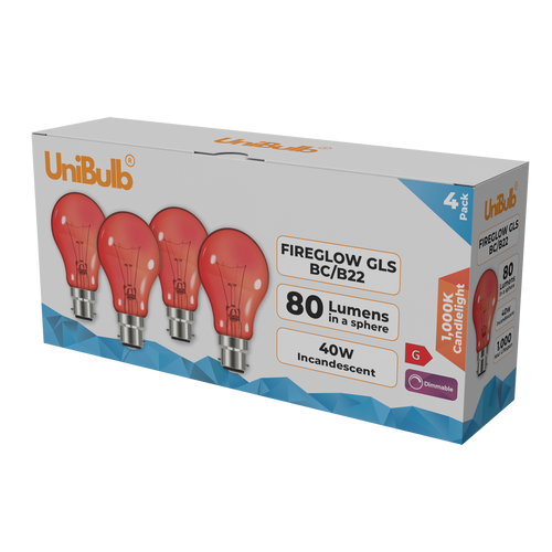 UniBulb B22 GLS 40W 1000K Fireglow Red Light Bulb - Pack of 4 lightbulb side