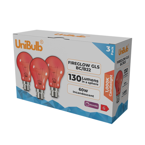 UniBulb B22 GLS 60W 1000k Fireglow Red Light Bulb  - Pack of 3