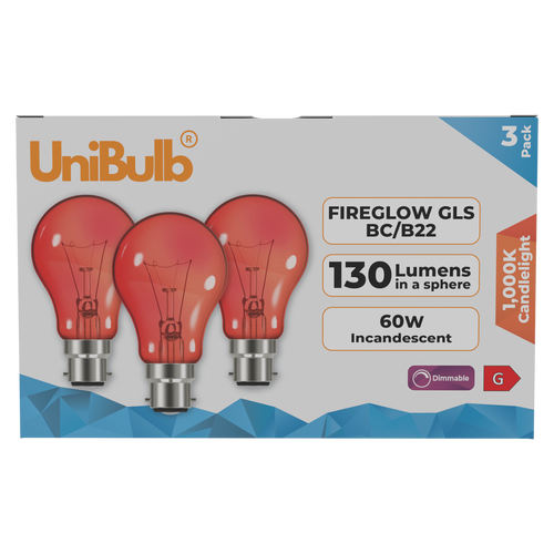 UniBulb B22 GLS 60W 1000k Fireglow Red Light Bulb  - Pack of 3
