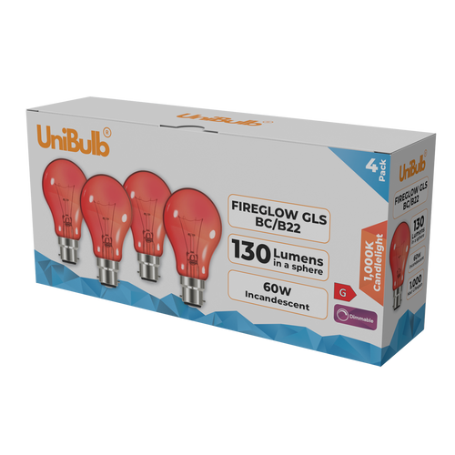 UniBulb B22 GLS 60W 1000k Fireglow Red Light Bulb  - Pack of 4