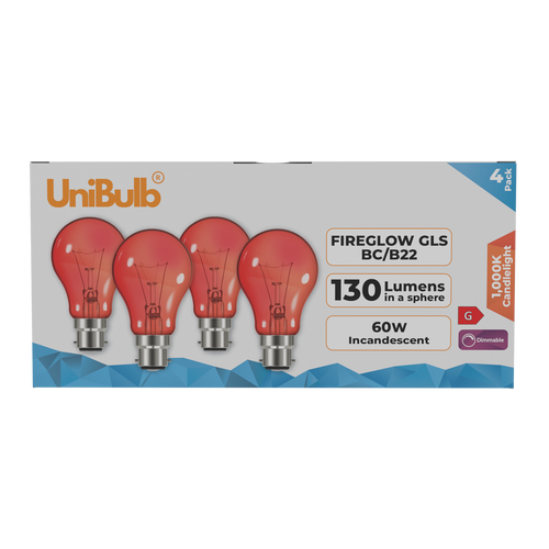 UniBulb B22 GLS 60W 1000k Fireglow Red Light Bulb  - Pack of 4