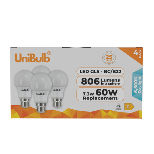 UniBulb LED GLS B22 806lm 7.3W 6500K (Daylight) Light Bulb - Pack of 4 front