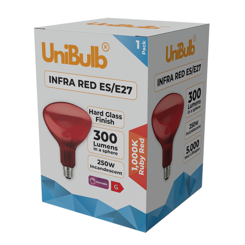 UniBulb Infra-Red Ruby Red Heater Lamp Bulb E27 300lm 250W 1000K - Pack of 1