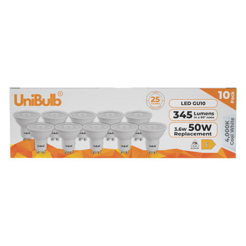 UniBulb LED GU10 345lm 3.6W 4000K (Cool White) Light Bulb - Pack of 10 front