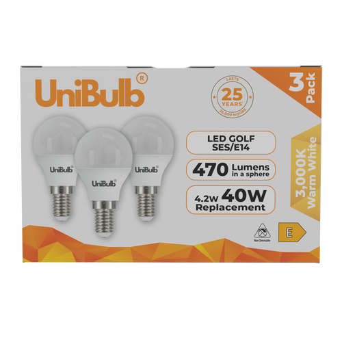 UniBulb LED Golf Ball E14 470lm 4.2W 3000K (Warm White) Light Bulb - Pack of 3 front