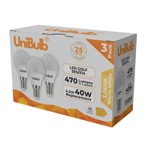 UniBulb LED Golf Ball E14 470lm 4.2W 3000K (Warm White) Light Bulb - Pack of 3 side