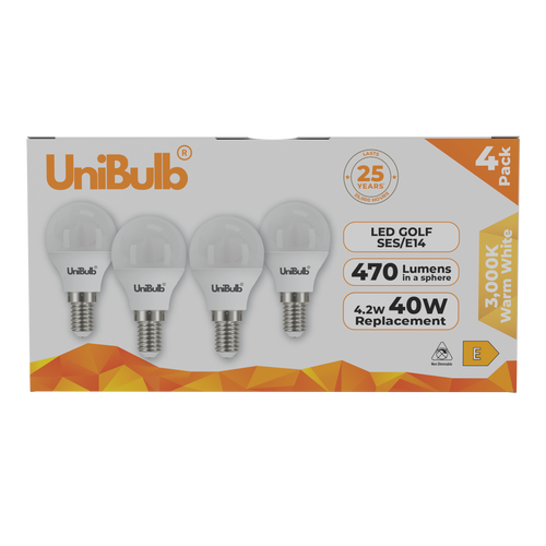 UniBulb LED Golf Ball E14 470lm 4.2W 3000K (Warm White) Light Bulb - Pack of 4 front