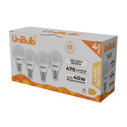 UniBulb LED Golf Ball E14 470lm 4.2W 3000K (Warm White) Light Bulb - Pack of 4 side