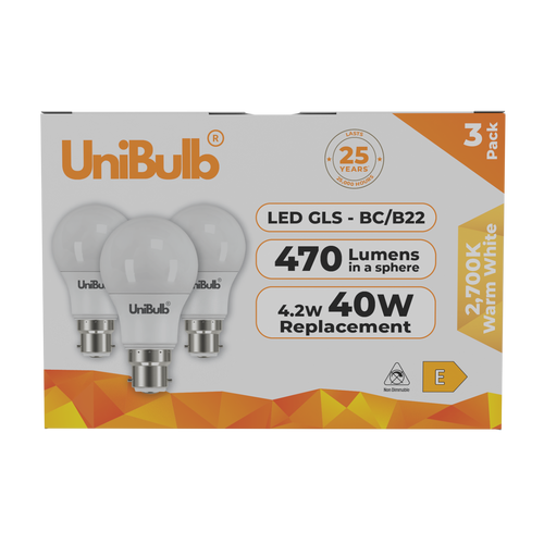UniBulb LED GLS B22 470lm 4.2W 2700K (Warm White) Light Bulb - Pack of 3