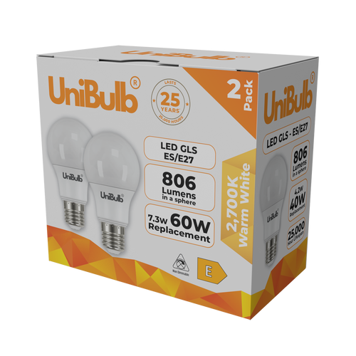 UniBulb LED GLS E27 806lm 7.3W 2700K (Warm White) Light Bulb - Pack of 2 side