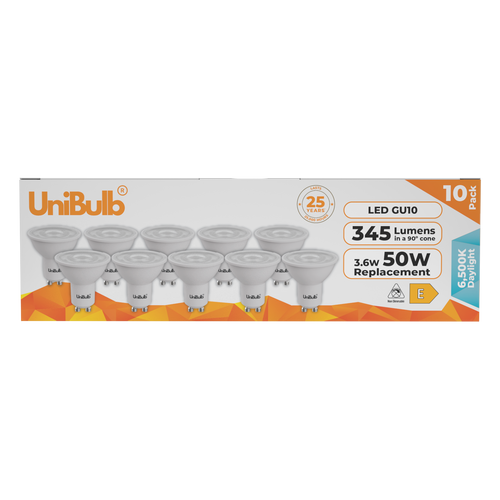 UniBulb LED GU10 345lm 3.6W 6500K (Daylight) Light Bulb - Pack of 10 front