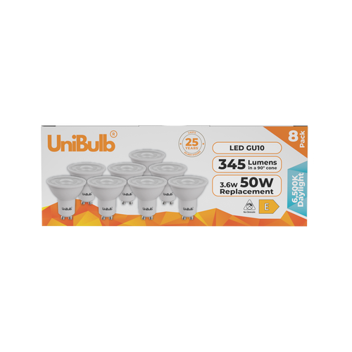 UniBulb LED GU10 345lm 3.6W 6500K (Daylight) Light Bulb - Pack of 8 front