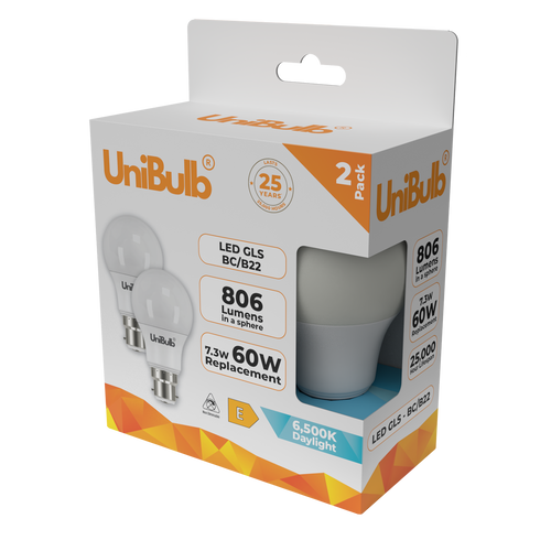 UniBulb LED GLS B22 806lm 7.3W 6500K (Daylight) Light Bulb - Pack of 2 bulb