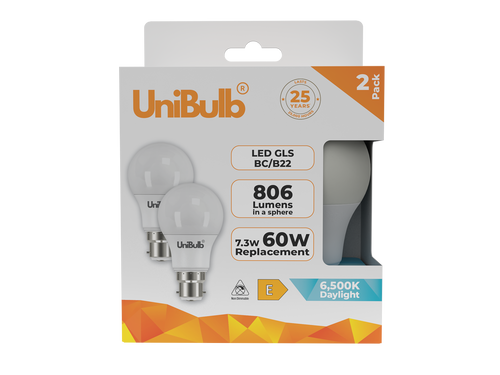 UniBulb LED GLS B22 806lm 7.3W 6500K (Daylight) Light Bulb - Pack of 2 bulb front