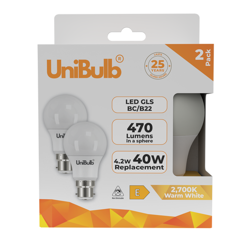 UniBulb LED GLS B22 470lm 4.2W 2700K (Warm White) Light Bulb - Pack of 2 bulb front UniBulb LED GLS B22 470lm 4.2W 2700K (Warm White) Light Bulb - Pack of 2 bulb front