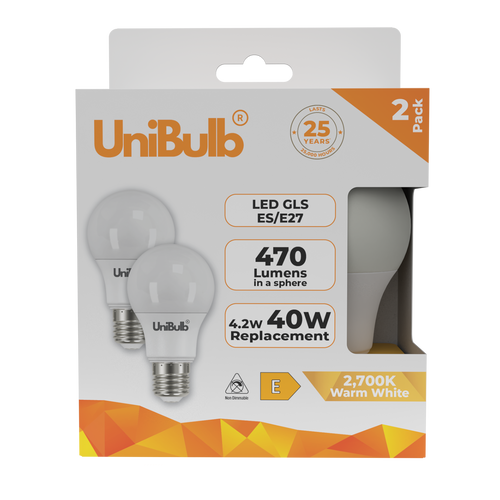 UniBulb LED GLS E27 470lm 4.2W 2700K (Warm White) Light Bulb - Pack of 2 bulb front