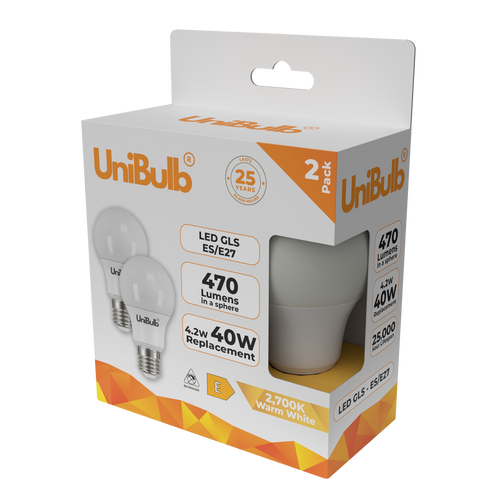 UniBulb LED GLS E27 470lm 4.2W 2700K (Warm White) Light Bulb - Pack of 2 bulb side