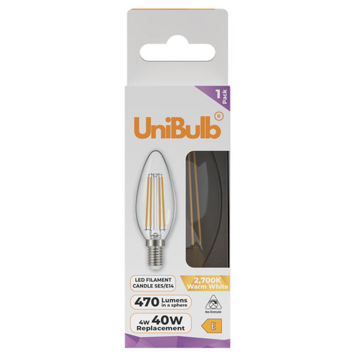 UniBulb LED Filament Candle E14 470lm 4W 2700K (Warm White) Light Bulb - Pack of 1 UniBulb LED Filament Candle E14 470lm 4W 2700K (Warm White) Light Bulb - Pack of 1