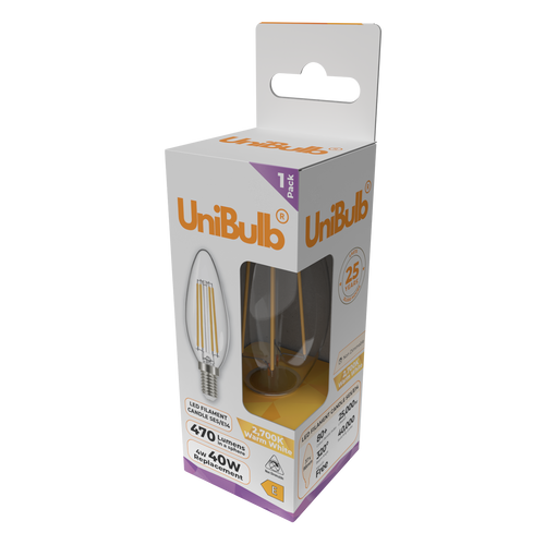 UniBulb LED Filament Candle E14 470lm 4W 2700K (Warm White) Light Bulb - Pack of 1