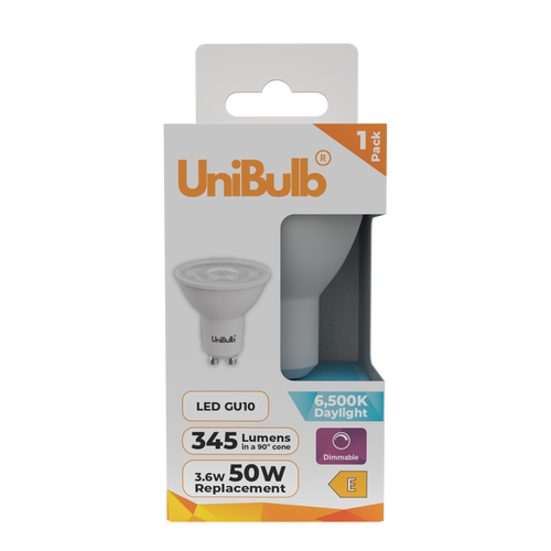 UniBulb LED GU10 345lm 3.6W 6500K (Daylight) Dimmable Light Bulb - Pack of 1 front UniBulb LED GU10 345lm 3.6W 6500K (Daylight) Dimmable Light Bulb - Pack of 1 front