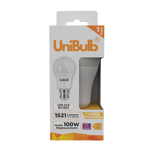 UniBulb LED GLS B22 1521lm 12.6W 2700K (Warm White) Light Bulb - Pack of 1 front UniBulb LED GLS B22 1521lm 12.6W 2700K (Warm White) Light Bulb - Pack of 1 front
