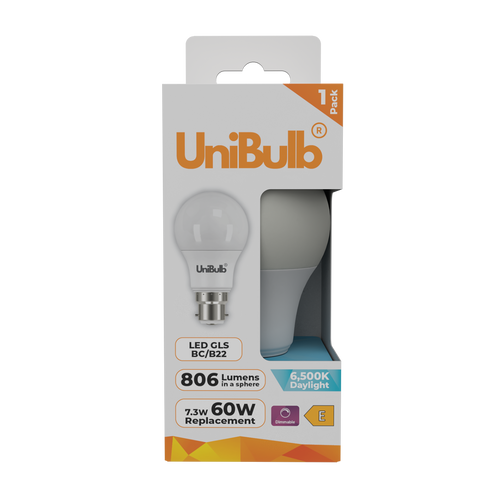 UniBulb LED GLS B22 806lm 7.3W 6500K (Daylight) Dimmable Light Bulb - Pack of 1 front UniBulb LED GLS B22 806lm 7.3W 6500K (Daylight) Dimmable Light Bulb - Pack of 1 front
