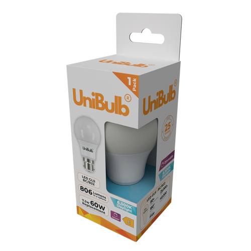 UniBulb LED GLS B22 806lm 7.3W 6500K (Daylight) Dimmable Light Bulb - Pack of 1 side