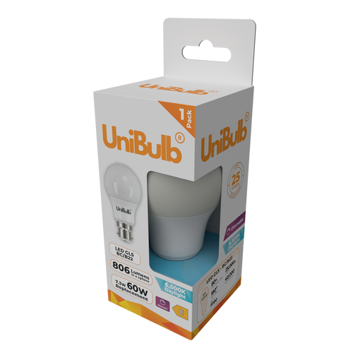UniBulb LED GLS B22 806lm 7.3W 6500K (Daylight) Dimmable Light Bulb - Pack of 1 side
