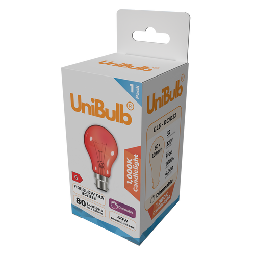 UniBulb B22 Fireglow Red Bulb 390lm 40W - Pack of 1 side