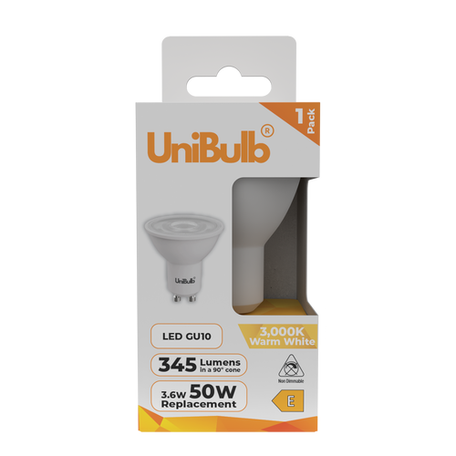 UniBulb LED GU10 345lm 3.6W 3000K (Warm White) Light bulb - Pack of 1 front UniBulb LED GU10 345lm 3.6W 3000K (Warm White) Light bulb - Pack of 1 front