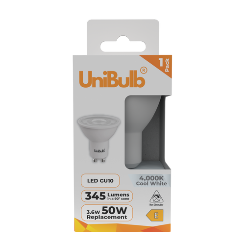 UniBulb LED GU10 345lm 3.6W 4000K (Cool White) Light Bulb - Pack of 1 front UniBulb LED GU10 345lm 3.6W 4000K (Cool White) Light Bulb - Pack of 1 front