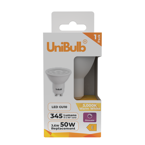 UniBulb LED light bulb GU10 345lm 3.6W 3000K (Warm White) Dimmable - Pack of 1 lightbulb front UniBulb LED light bulb GU10 345lm 3.6W 3000K (Warm White) Dimmable - Pack of 1 lightbulb front