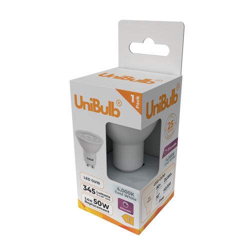 UniBulb LED GU10 345lm 3.6W 4000K (Cool White) Dimmable Light Bulb - Pack of 1 side UniBulb LED GU10 345lm 3.6W 4000K (Cool White) Dimmable Light Bulb - Pack of 1 side