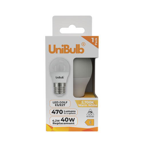 UniBulb LED Golf Ball E27 470lm 4.2W 2700K (Warm White) Light Bulb - Pack of 1 front