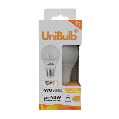 UniBulb LED GLS B22 470lm 4.2W 2700K (Warm White) Light Bulb - Pack of 1 front UniBulb LED GLS B22 470lm 4.2W 2700K (Warm White) Light Bulb - Pack of 1 front