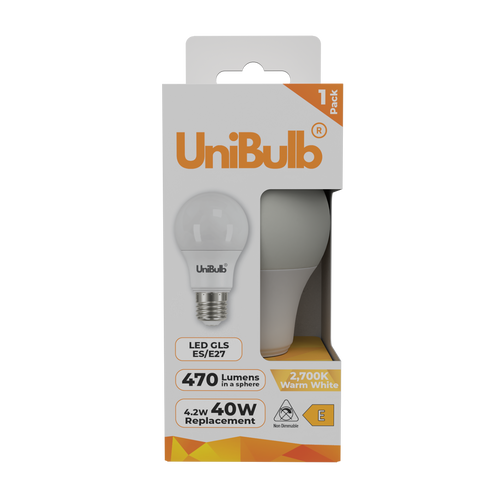 UniBulb LED GLS E27 470lm 4.2W 2700K (Warm White) Light Bulb - Pack of 1 front