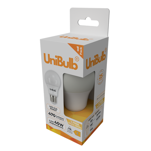 UniBulb LED GLS E27 470lm 4.2W 2700K (Warm White) Light Bulb - Pack of 1 side